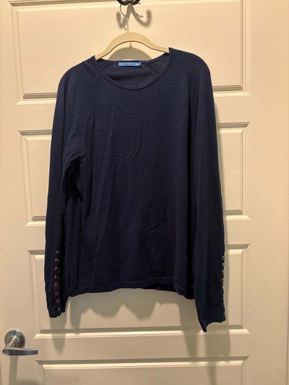 J.McLaughlin Navy Long Sleeve Crewneck Sweater with Decorative Cuff Buttons